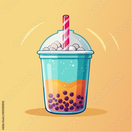Cartoon illustration of a bubble tea drink with tapioca pearls and a striped straw.