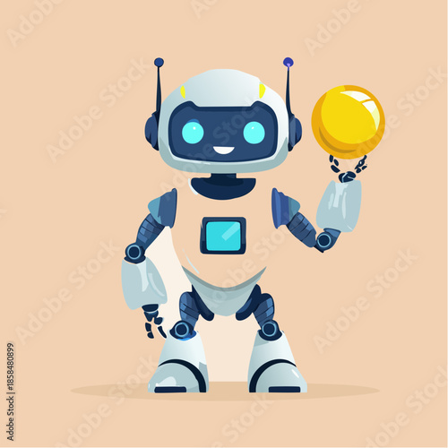 Cartoon robot holding a golden sphere, standing on a light peach background.