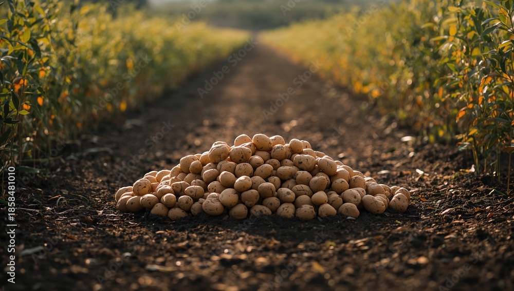 Obraz premium Mature potatoes piled on the ground in a rural field, illustrating crop collection and agricultural practices