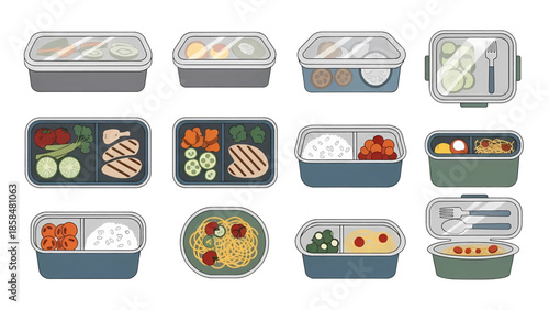 Various meal prep containers with healthy food portions.