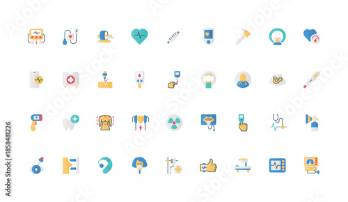 Medical devices and hospital equipment for health control, diagnosis, radiology color icon set. Blood sugar level meter, tomography and MRI machine, ultrasound scan flat elements vector illustration