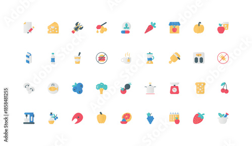 Healthy food, diet and nutrition planning, nutritionist service color icon set. Gluten free cooking, organic vegetables and fish, cheese from farm market, seafood flat elements vector illustration