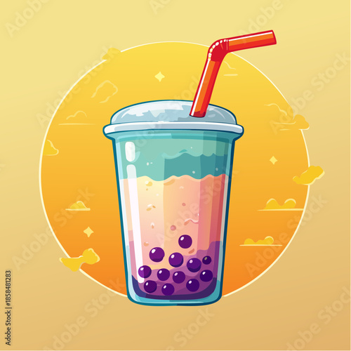 Colorful boba tea drink with straw in a plastic cup on yellow background.