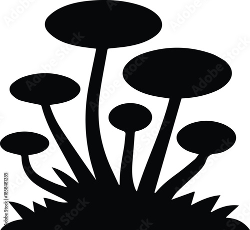 Minimalist black mushroom patch and cluster silhouette vector icon