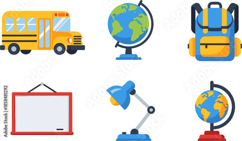 Educational Icons: School, Globe, Backpack, Map, and More