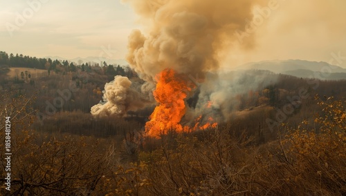 Wildfire ignites in fall foliage of Appalachian Mountains, forest health awareness