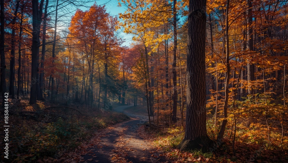 Fototapeta premium Sunny autumn landscape with colorful leaves and forest backdrop, seasonal transition