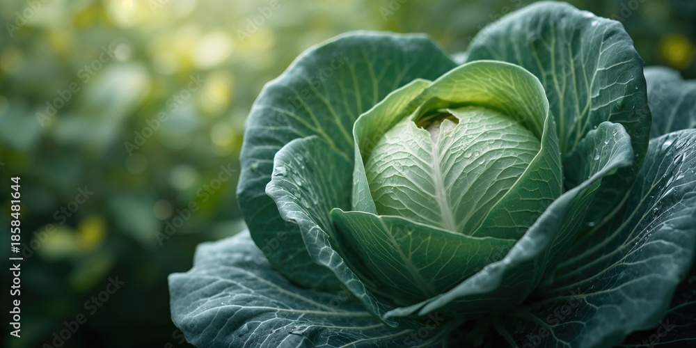 Fototapeta premium Close-up of fresh green cabbage showcasing fine, organic textures and gentle curves under natural lighting, suitable for food background