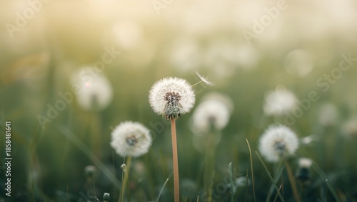 Closed white dandelion bud among grass, used as a natural element in design, Earth Day