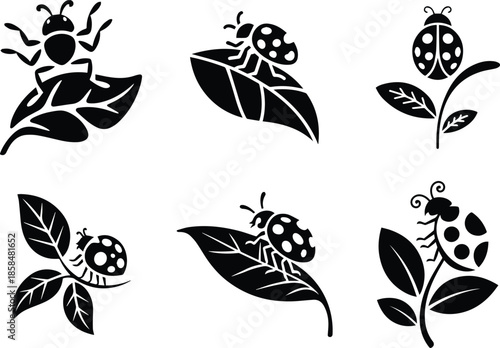 Set of Minimalist black ladybug on a leaf silhouette vector icon