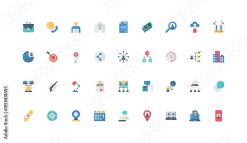 Freelance and remote work of employee freelancer, webinar and online conference color icon set. telework in home office, computer and desk workplace, meeting flat elements vector illustration