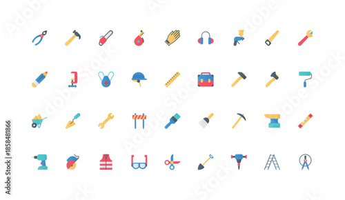 Construction, repair and maintenance service worker equipment and tools, job safety color icon set. Safe respirator and helmet, paint and wheelbarrow, shovel flat elements vector illustration