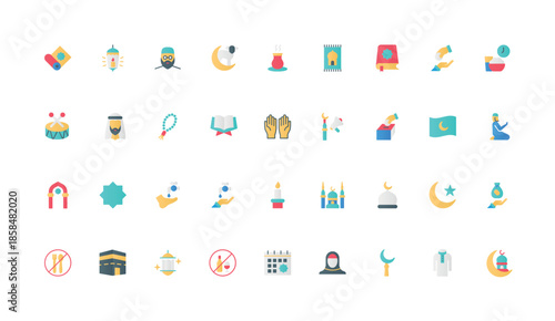 Islam religion, holidays and mosque, religious elements for prayer color icon set. Muslim man and woman, crescent moon and lantern, carpet for holy Quran reading flat elements vector illustration