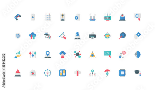 Information technology, digital data system and high tech devices, multichannel connection, hardware color icon set. Circuit, cloud settings, model structure flat elements vector illustration