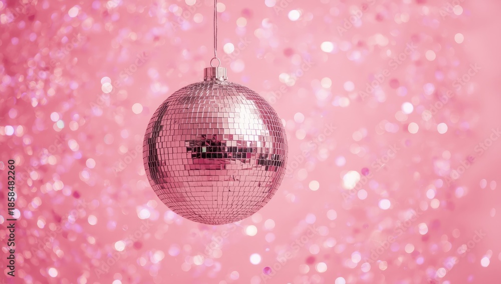 Fototapeta premium Reflective disco ball with mirrored panels casting light patterns on pink backdrop, suitable for celebration settings
