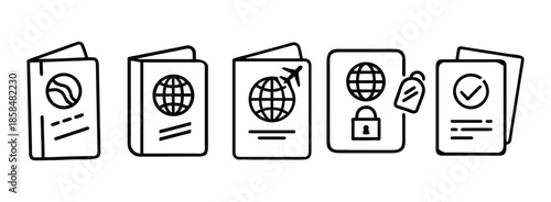 Set of simple passport icons with various symbols