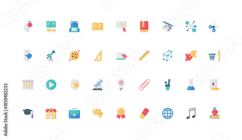 School and university, college study, knowledge and science research color icon set. Stationery and calendar, diploma and hat of graduate, music and chemistry learning flat element vector illustration