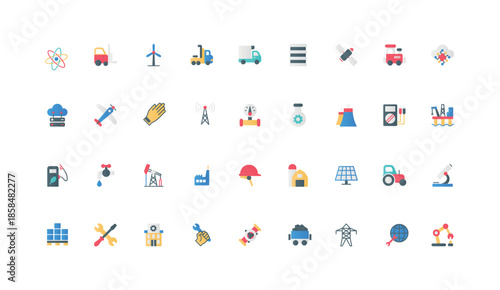 Coal industry and chemistry, power energy, oil and gas production, robot color icon set. Factory building and eco fuel, warehouse and machinery, pipe and equipment flat elements vector illustration
