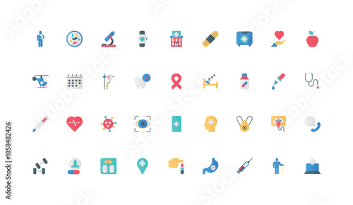 Medical care and prevention, hospital and ambulance, pharmacy, online medicine color icon set. medics and bed in clinic, disease treatment and insurance, stomatology flat elements vector illustration
