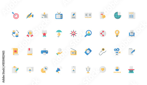News in social media and press, advertising campaign for online creative content to print and publish color icon set. Story, text of article in blog and inspiration flat elements vector illustration