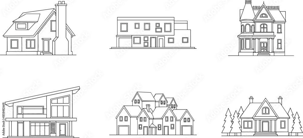 Obraz premium Set of Six Black and White Line Art Drawings of Various Residential House Styles Representing Real Estate and Architecture