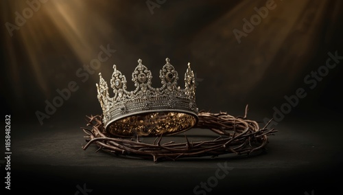 A regal crown alongside the crown of thorns, highlighting themes of authority and sacrifice