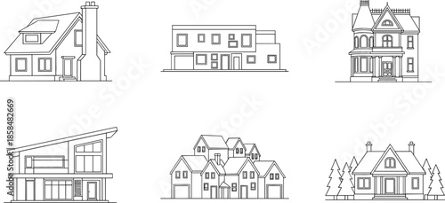 Set of Six Black and White Line Art Drawings of Various Residential House Styles Representing Real Estate and Architecture