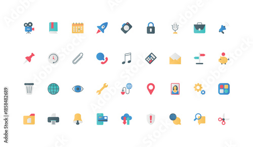 Mobile apps for modern lifestyle color icon set. Social media gallery and online credit card payment, music and camera, exchange and work with documents, microphone flat elements vector illustration