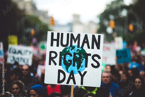 Diverse crowd at a Human Rights Day protest march, for equality, justice, and freedom in urban street setting.