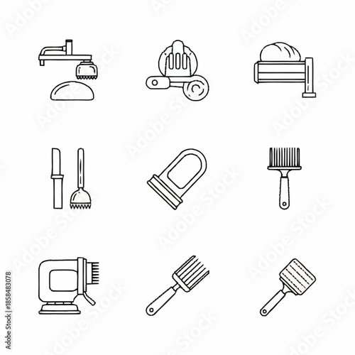Collection of various cleaning tools and brushes in a line art style.