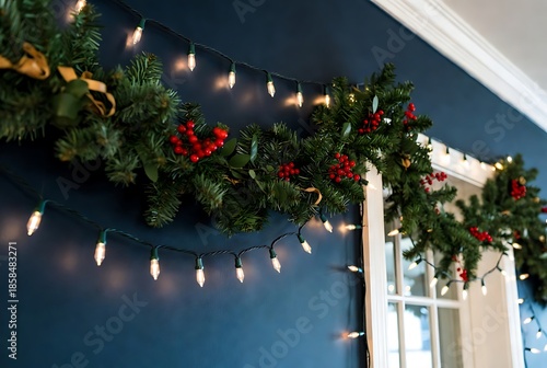 Festive holiday garland of green pine branches with red berries and warm white fairy lights draped over a dark blue wall near a window for Christmas decor themes.