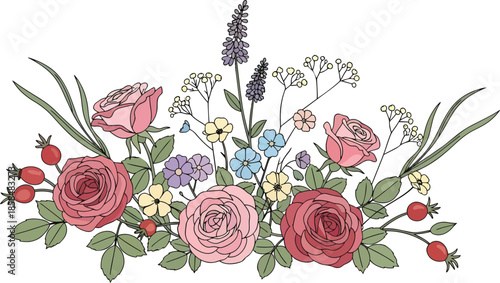 Hand Drawn Floral Arrangement with Roses.