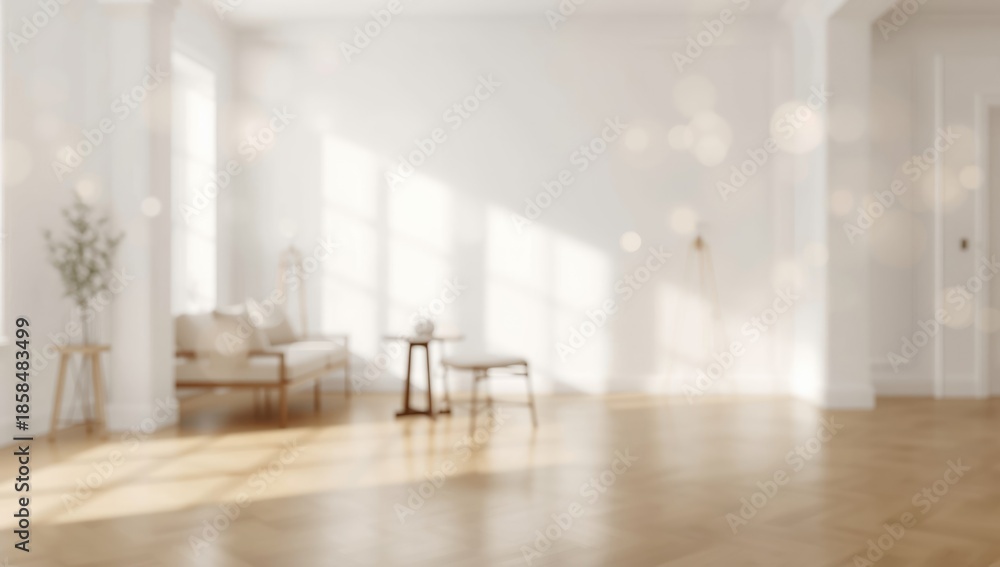 Fototapeta premium Out-of-focus living space with natural window illumination serving as a background for home decor arrangement