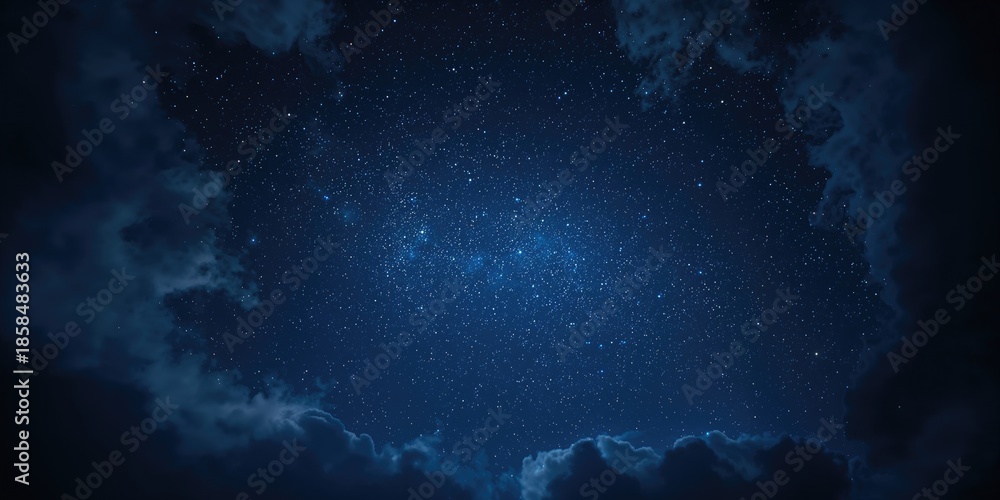 Obraz premium Dark blue nighttime sky with stars and clouds, ideal for background in celestial-themed design, World Astronomy Day