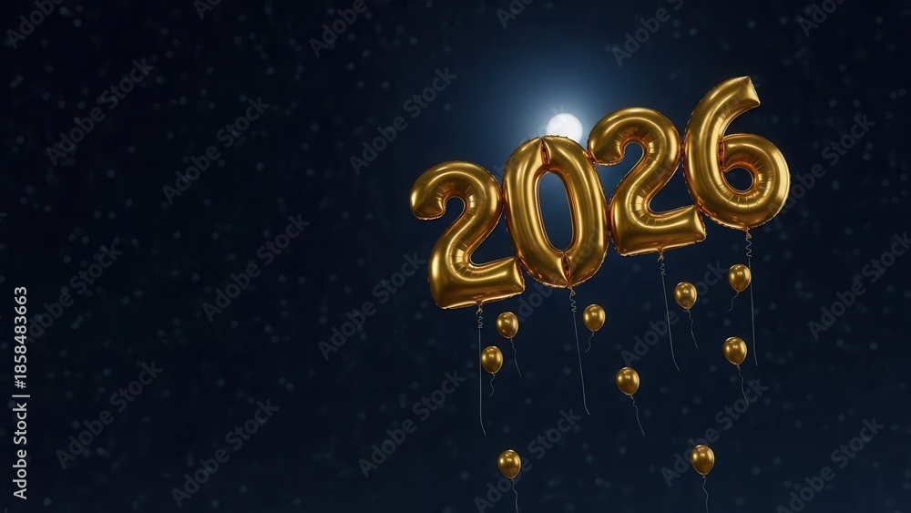 Fototapeta premium Golden 2026 balloons floating in night sky with moon and stars