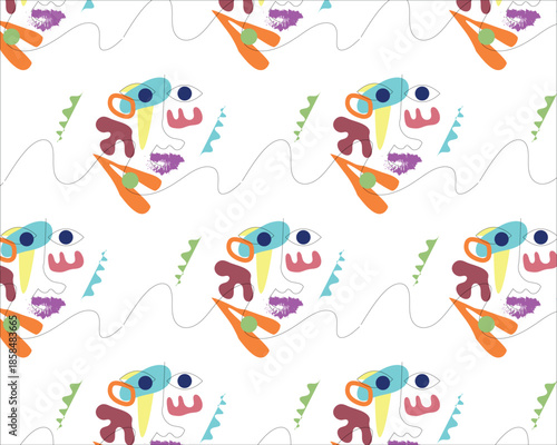 Art & Illustratio Abstract seamless pattern depicting a human face, made with colored spots and lines on a white background. 