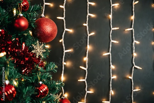 Festive Christmas background with decorated green tree adorned with red baubles, gold ornaments, and warm white fairy lights on dark backdrop.