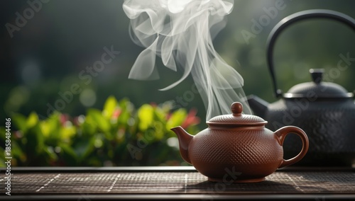 Tea brewing scene with a teapot and iron kettle releasing steam, focusing on health benefits of green and black tea leaves, International Tea Day