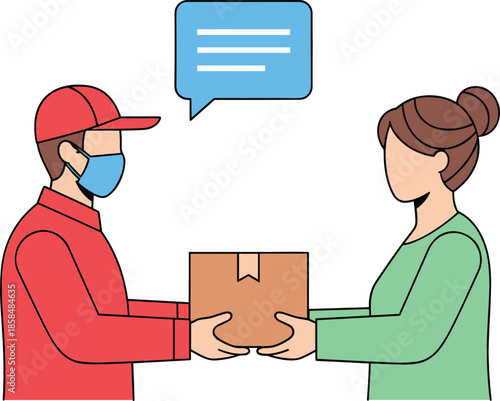 Delivery Man Wearing Face Mask Handing Cardboard Package to a Woman for Safe Shipping and E-Commerce Service