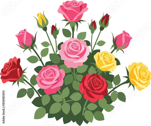 Colorful Roses Bouquet with Green Leaves.