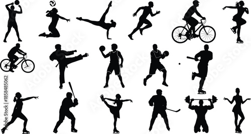 Diverse collection of athlete silhouettes performing various sports including cycling, running, gymnastics, martial arts, baseball, and weightlifting for fitness branding.