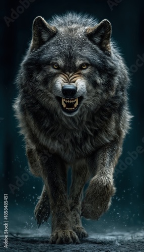 snarling wolf close-up, teeth visible, icy breath in the air, dark moody forest barely visible behind but perfectly in focus, ultra-realistic fur texture, aggressive protective vibe