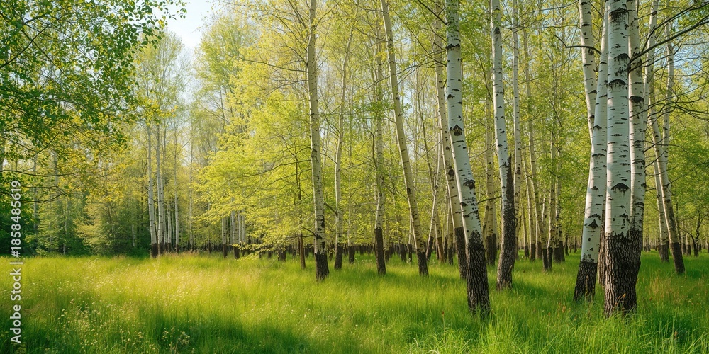 Fototapeta premium Birch forest in spring with white trunks and green leaves, photosynthesis, health walk, Earth Day