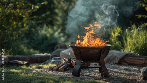 Open flame in a metal brazier, highlighting maintenance for outdoor heating, Earth Day