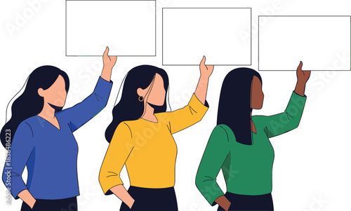 Diverse Group of Three Women Holding Blank White Signs for Protest, Demonstration, Advocacy, and Social Movement Concepts