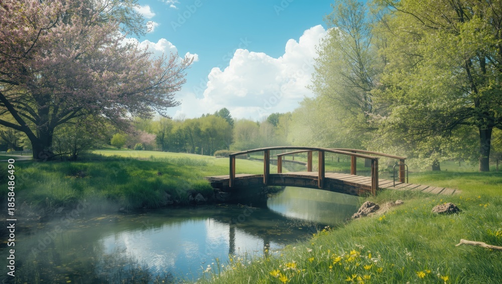 Obraz premium Spring scene with a small wooden bridge crossing a stream, ideal for landscape backgrounds