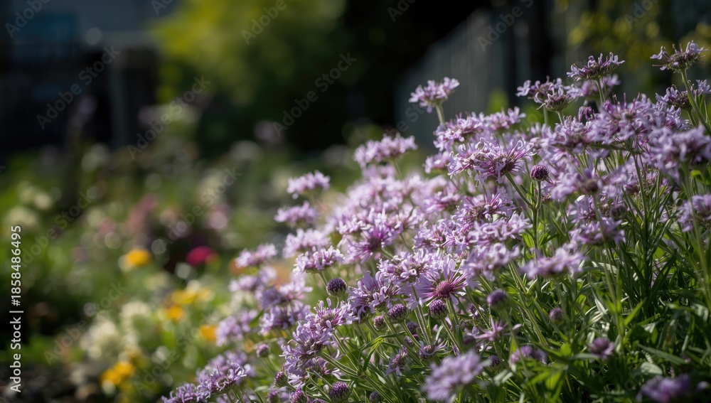 Obraz premium Flower bed showcasing purple scabiosa and white achillea blooms, ideal for garden design layouts