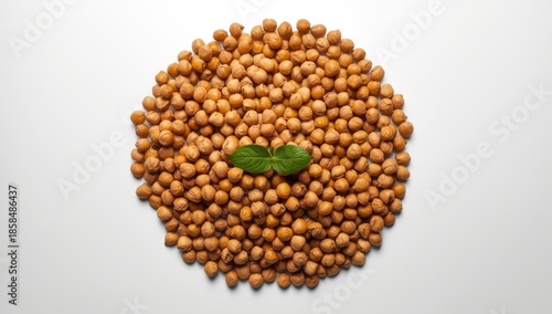 Uncooked organic chickpeas garnished with fresh green leaves on a white surface, food and drink, International Vegetarian Day