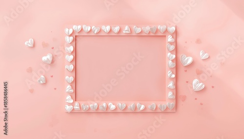 Pink background featuring a rectangular frame with tiny mother-of-pearl hearts, suitable for Valentines Day message