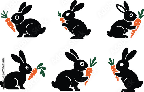 Set of Minimalist black rabbit eating a carrot silhouette vector icon
